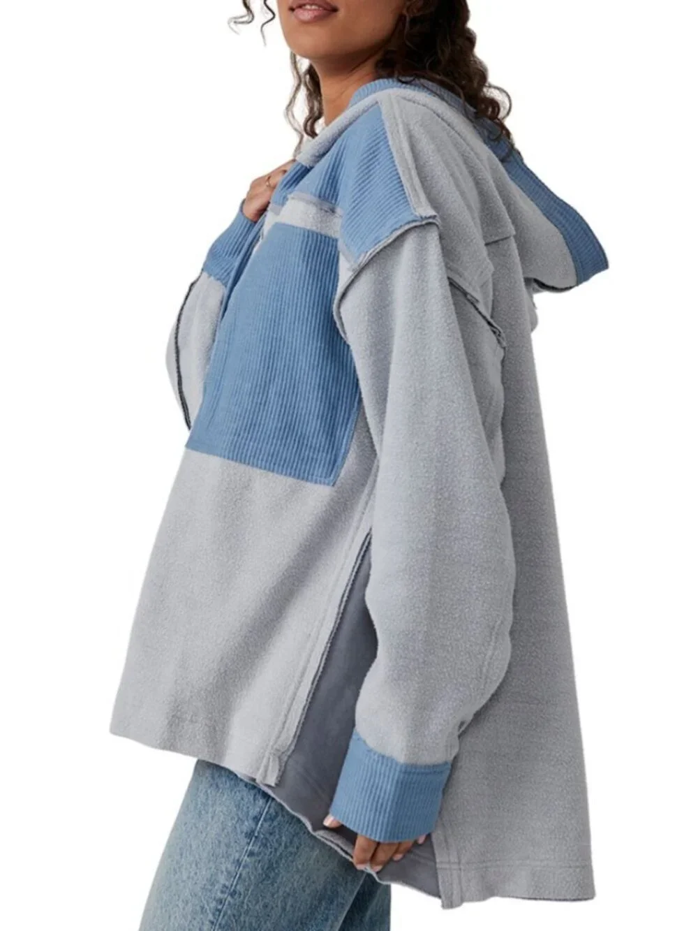 FREE PEOPLE Corrie Sweatshirt Blue Patchwork Oversize Hoodie (Women's Medium)